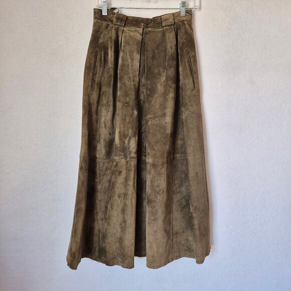 Vintage Harve Benard Holtzman Suede Pleated Maxi Skirt Pocket Olive Green - Picture 2 of 12